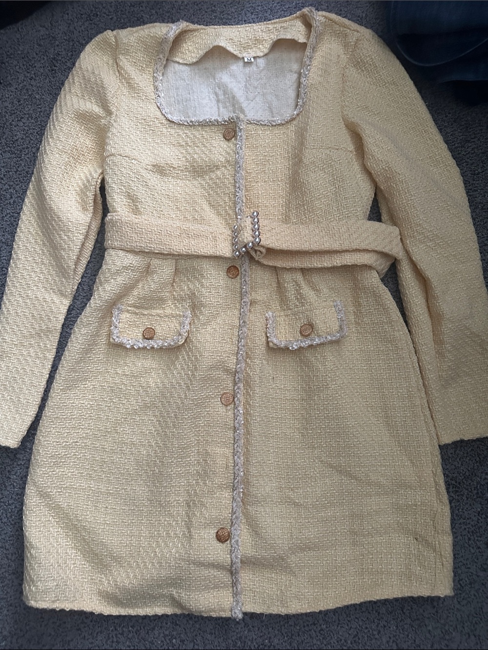 SHEIN Pale Yellow Belted Tweed Dress